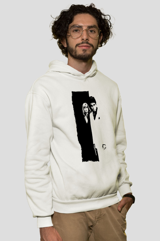 Unisex Yaralı Yüz (Scarface) Baskılı Beyaz Kapüşonlu Sweatshirt