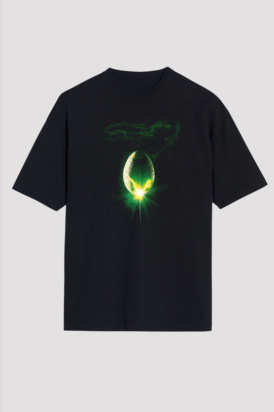 Unisex Yaratık (Alien) Baskılı Siyah Oversize Tişört