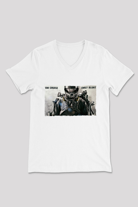 Unisex Yarının Sınırında (Edge of Tomorrow) Baskılı Beyaz V Yaka Tshirt