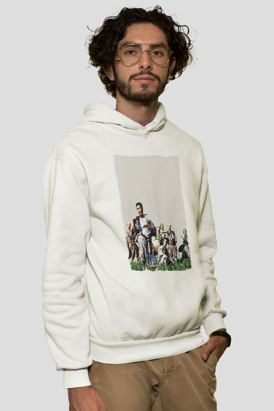 Unisex Yedi Samuray (Seven Samurai) Baskılı Beyaz Kapüşonlu Sweatshirt