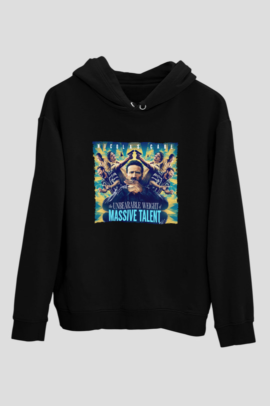 Unisex Yetenekli Bay Cage (The Unbearable Weight of Massive Talent) Baskılı Siyah Kapüşonlu Sweatshirt