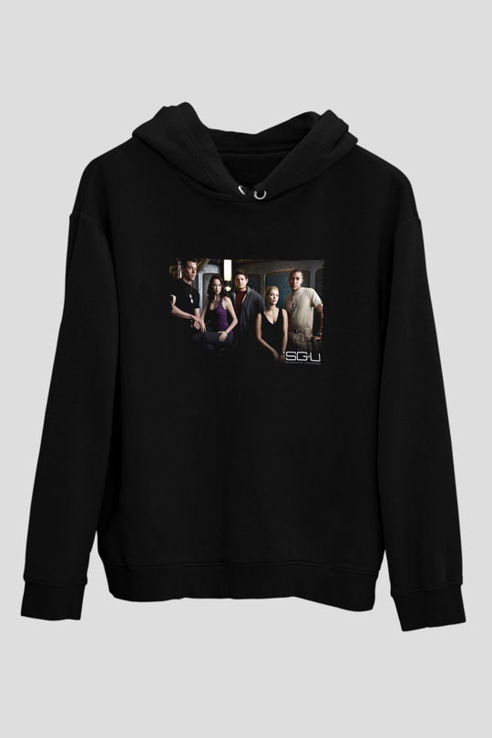 Unisex Yıldız Geçidi Evren (Stargate Universe) Baskılı Siyah Kapüşonlu Sweatshirt