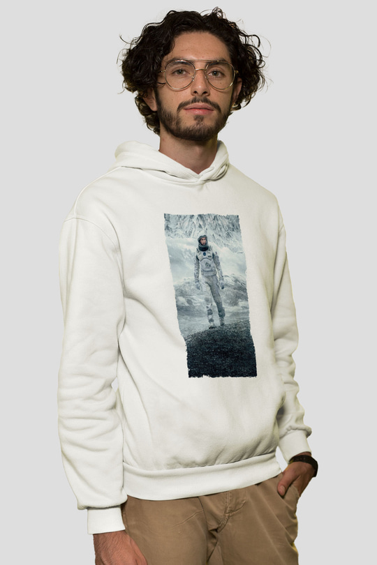 Unisex Yıldızlararası (Interstellar) Baskılı Beyaz Kapüşonlu Sweatshirt
