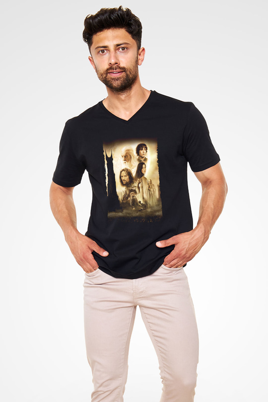 Unisex Yüzüklerin Efendisi İki Kule (The Lord of the Rings The Two Towers) Baskılı Siyah V Yaka T-shirt