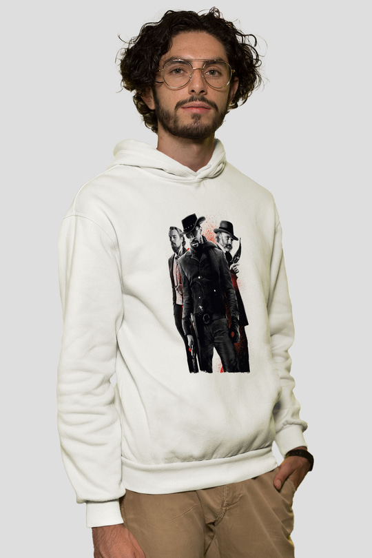 Unisex Zincirsiz - Django Unchained Baskılı Beyaz Kapüşonlu Sweatshirt