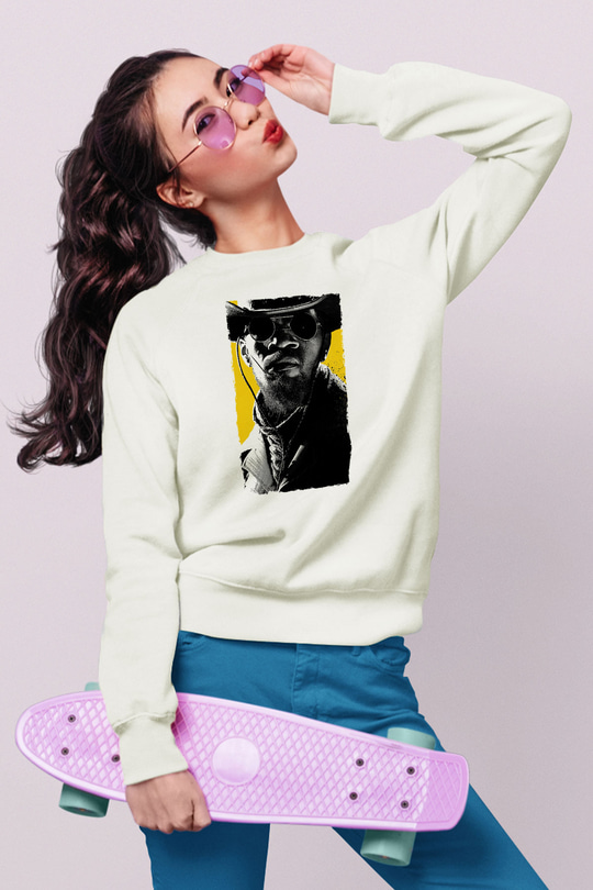 Unisex Zincirsiz - Django Unchained Baskılı Beyaz Sweatshirt