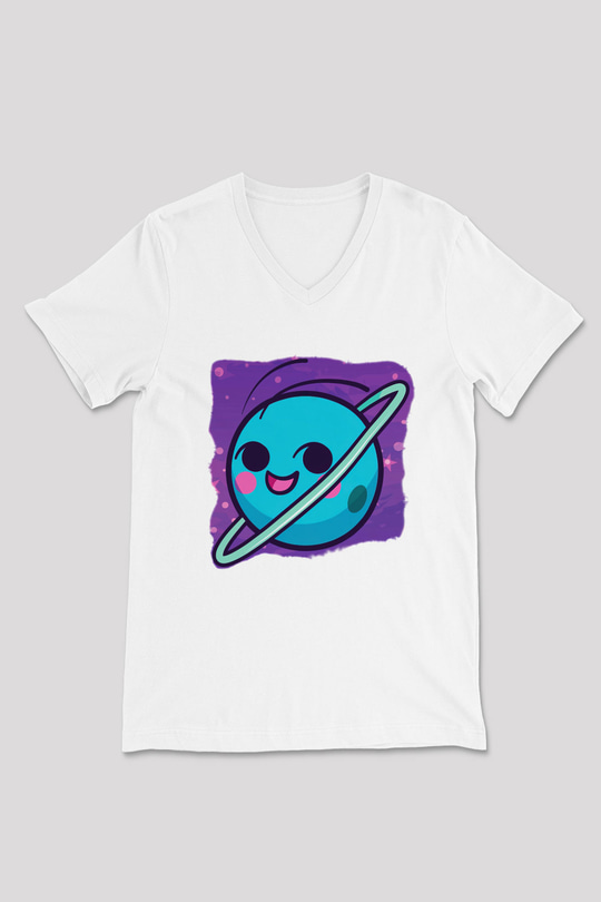Uranüs Beyaz Unisex V Yaka Tişört T-Shirt
