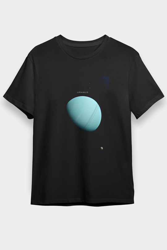 Uranüs Fotoğraf Baskılı Unisex Siyah Tişört - Tshirt