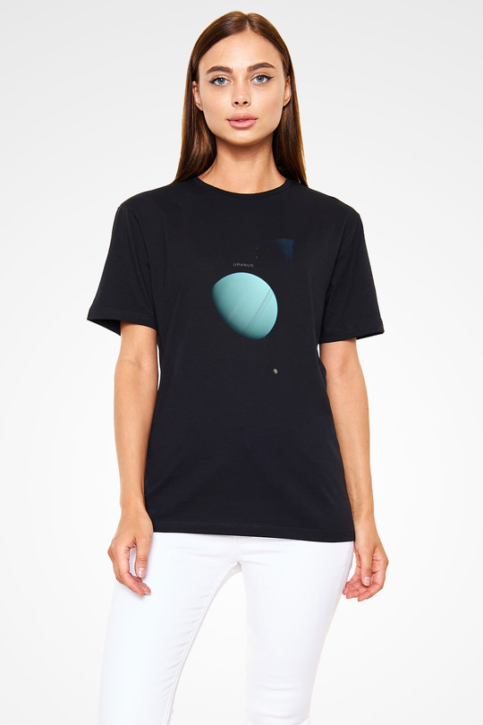 Uranüs Fotoğraf Baskılı Unisex Siyah Tişört - Tshirt
