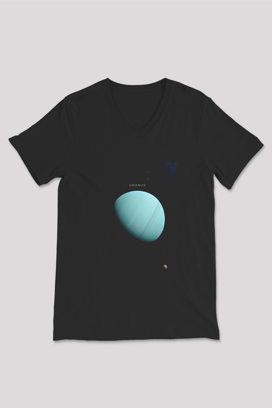 Uranüs Fotoğraf Baskılı Unisex V Yaka Siyah Tİşört - Tshirt