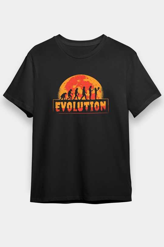 Ürpertici Evrim Baskılı Unisex Siyah Tişört - Tshirt