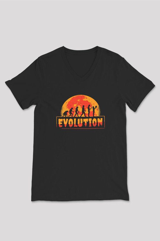 Ürpertici Evrim Baskılı Unisex V Yaka Siyah Tİşört - Tshirt