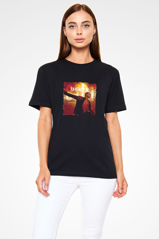 Usher  Baskılı Unisex Siyah Tişört