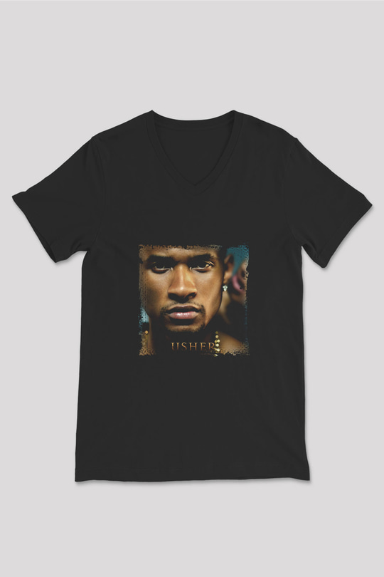 Usher  Baskılı Unisex Siyah V Yaka Tişört
