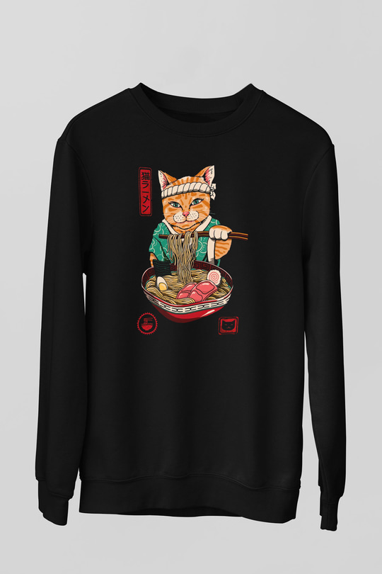 Uzakdoğulu Kedi Baskılı Unisex Siyah  Sweatshirt