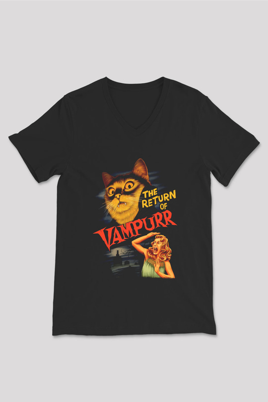 Vampir Kedi Baskılı Unisex Siyah  V Yaka Tişört