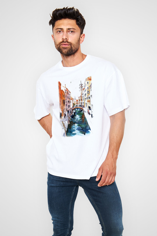 Venedik Kanal Beyaz Unisex Oversize Tişört T-Shirt