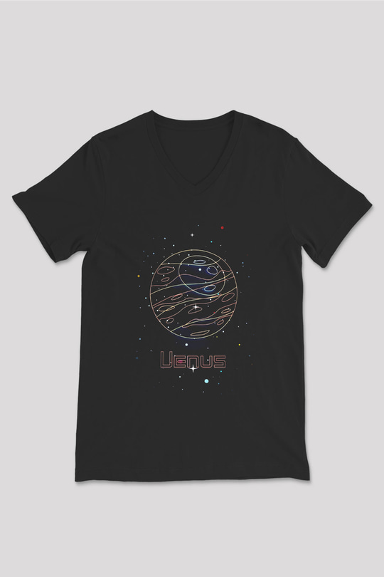 Venüs Çizim Baskılı Unisex V Yaka Siyah Tİşört - Tshirt