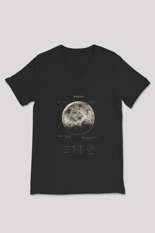 Venüs Fiziksel Özellikleri Baskılı Unisex V Yaka Siyah Tİşört - Tshirt