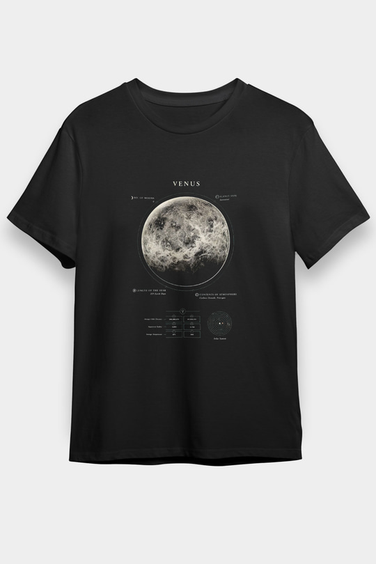 Venüs Fiziksel Özellikleri Baskılı Unisex Siyah Tişört - Tshirt