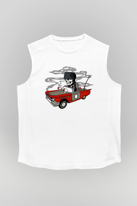 Vintage İskelet Sürücü Baskılı Unisex Beyaz Kolsuz Tişört