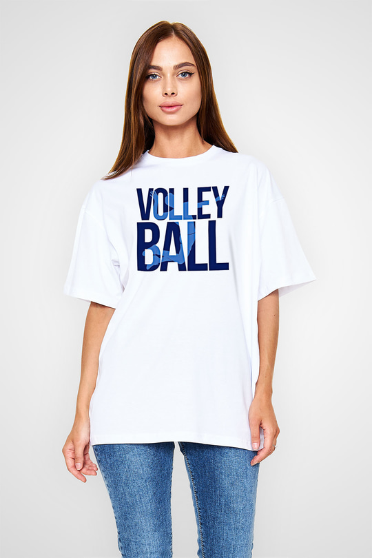 Voleybol Baskılı Unisex Beyaz Oversize Tişört - Tshirt