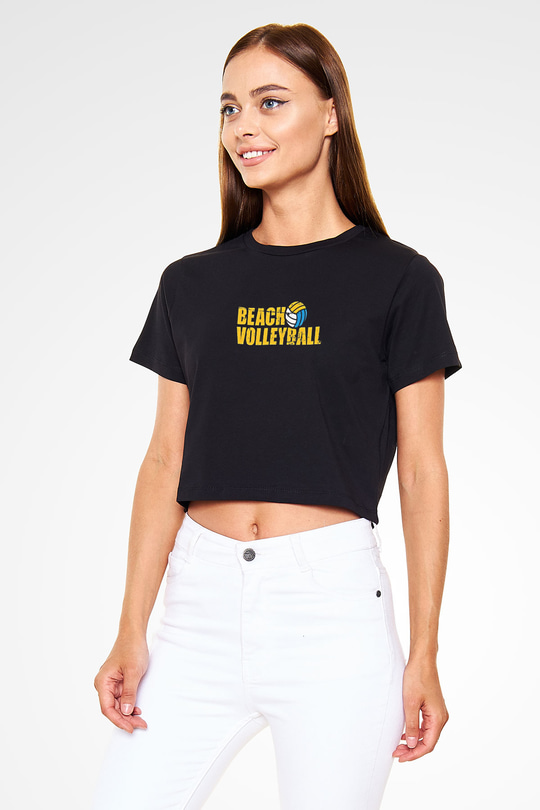 Voleybol - Volleyball Baskılı Crop Top Siyah Kadın Tişört - Tshirt