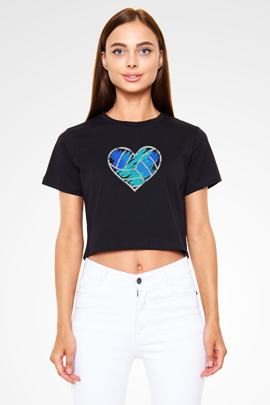 Voleybol - Volleyball Baskılı Crop Top Siyah Kadın Tişört - Tshirt