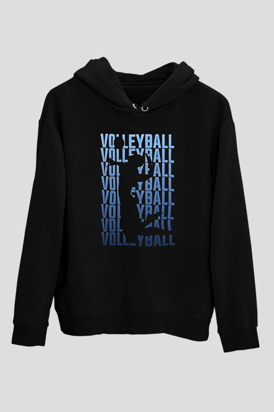 Voleybol - Volleyball Baskılı Unisex Siyah Kapüşonlu Sweatshirt
