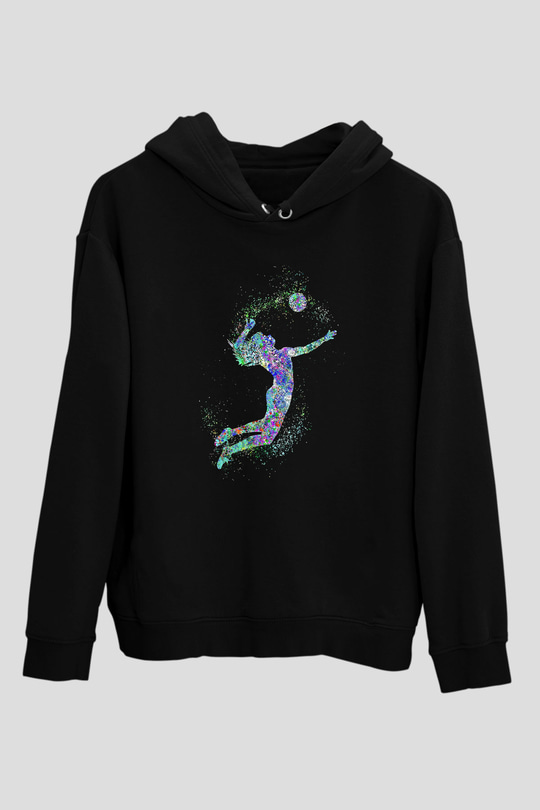Voleybol - Volleyball Baskılı Unisex Siyah Kapüşonlu Sweatshirt