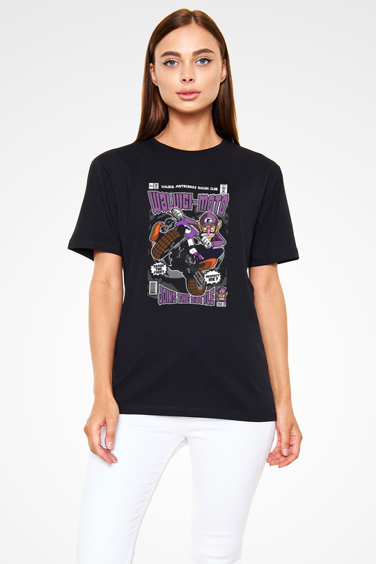 Waluigi Motocross Baskılı Unisex Siyah Tişört