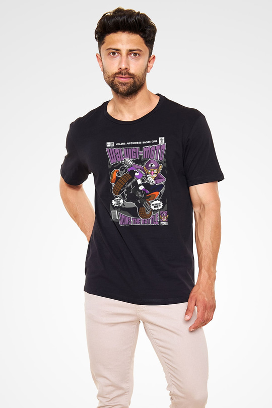 Waluigi Motocross Baskılı Unisex Siyah Tişört