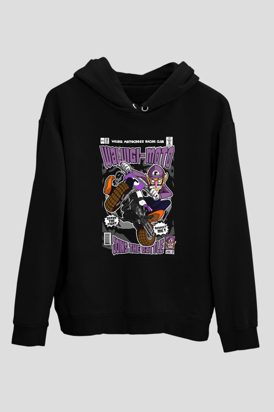Waluigi Motocross Baskılı Unisex Siyah Hoodie