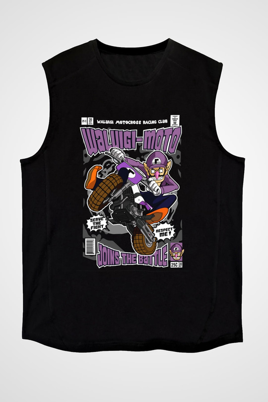 Waluigi Motocross Baskılı Unisex Siyah Kolsuz Tişört