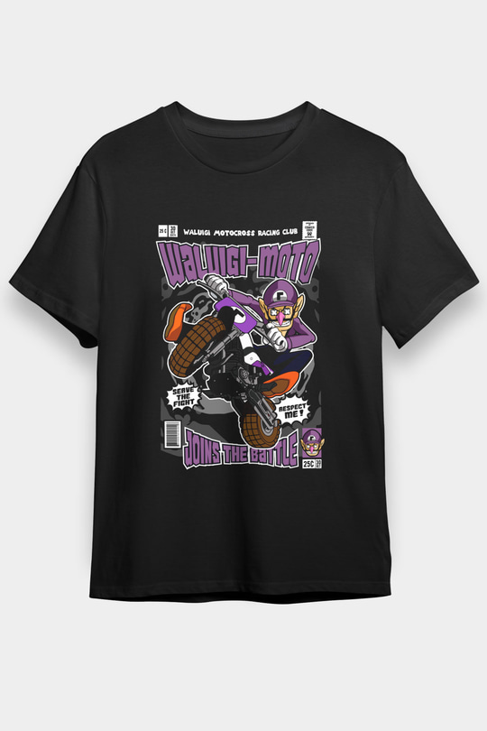 Waluigi Motocross Baskılı Unisex Siyah Tişört