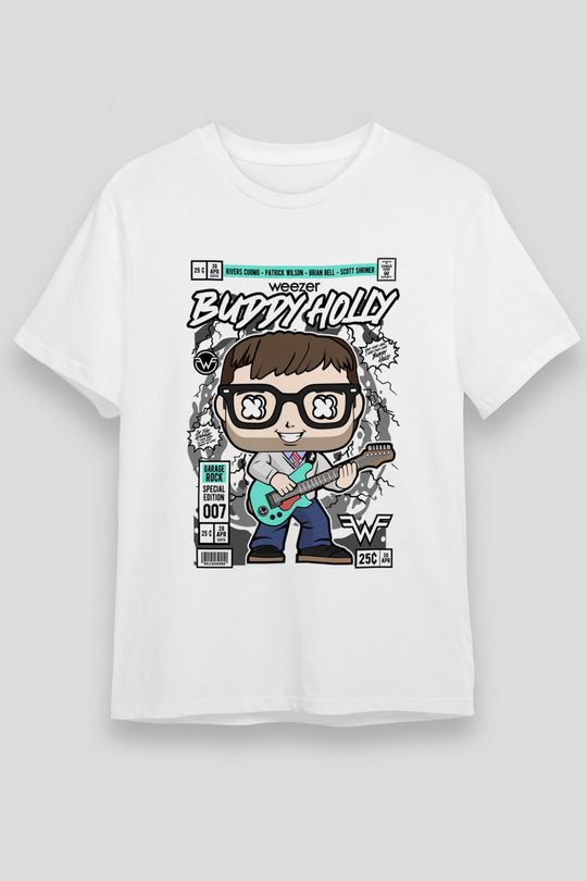 Weezer Buddy Holly Baskılı Unisex Beyaz Tişört