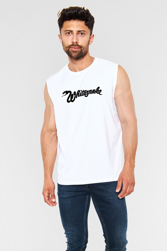 Whitesnake Baskılı Beyaz Unisex Kolsuz Tişört - Tshirt