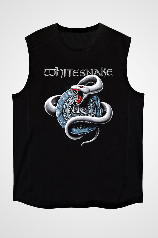 Whitesnake Baskılı Unisex Siyah Kolsuz Tişört - Tshirt