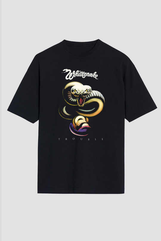 Whitesnake Baskılı Unisex Siyah Oversize Tişört - Tshirt