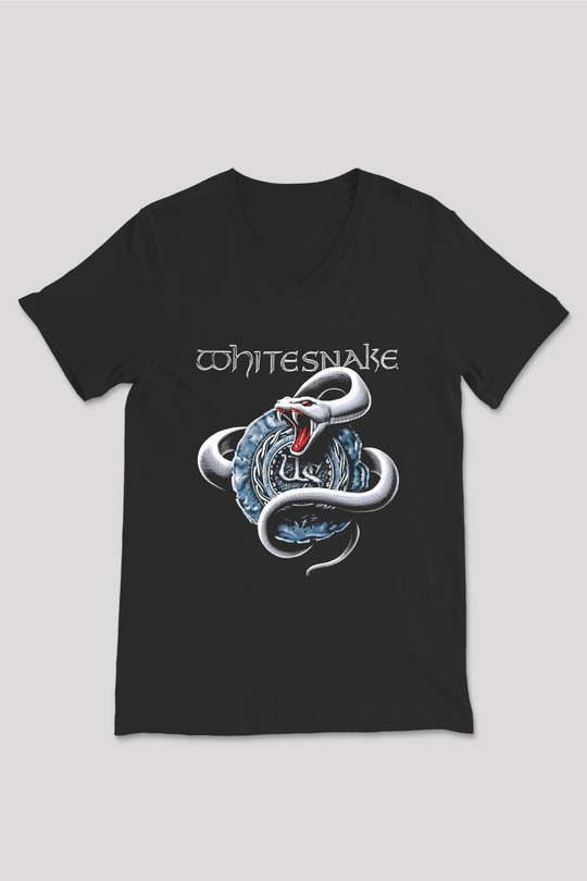 Whitesnake Baskılı Unisex Siyah V Yaka Tişört - Tshirt