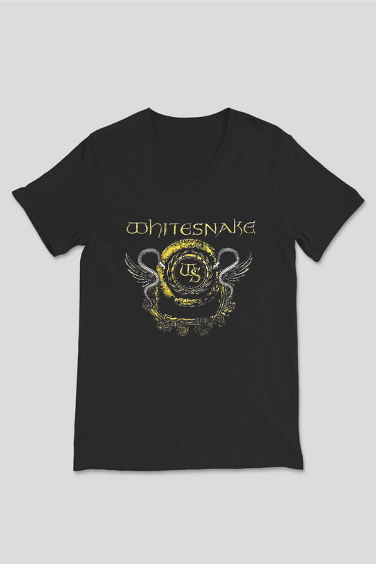 Whitesnake Baskılı Unisex Siyah V Yaka Tişört - Tshirt