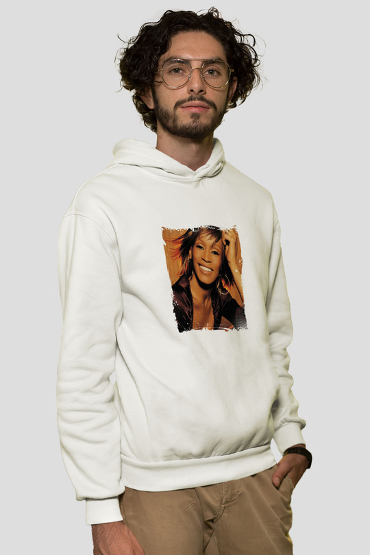 Whitney Houston Baskılı Unisex Beyaz Kapüşonlu Sweatshirt