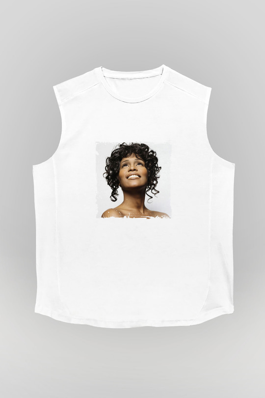 Whitney Houston Baskılı Unisex Beyaz Kolsuz Tişört