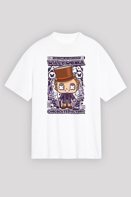 Willy Wonka Çikolata Fabrikası Baskılı Unisex Beyaz Oversize Tişört