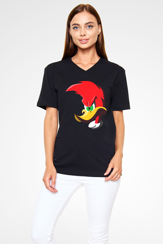 Woody Woodpecker Siyah Unisex  V Yaka Tişört