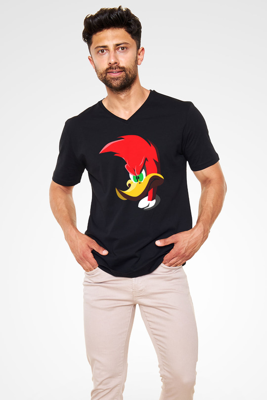 Woody Woodpecker Siyah Unisex  V Yaka Tişört