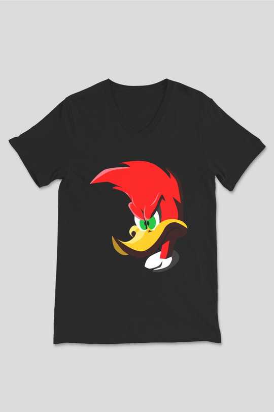 Woody Woodpecker Siyah Unisex  V Yaka Tişört