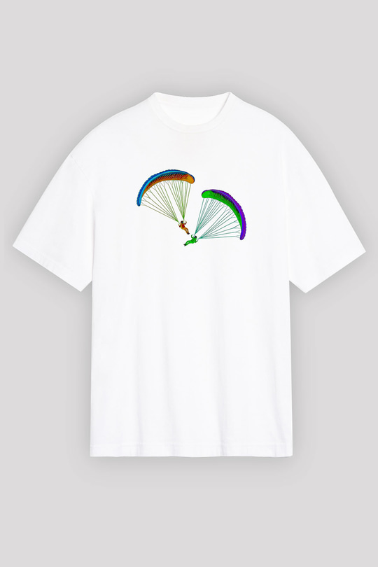 Yamaç Paraşütü Baskılı Unisex Beyaz Oversize Tişört - Tshirt