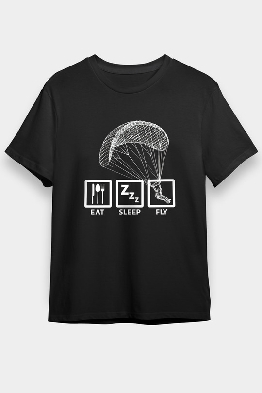 Yamaç Paraşütü - Paragliding Baskılı Unisex Siyah Tişört - Tshirt