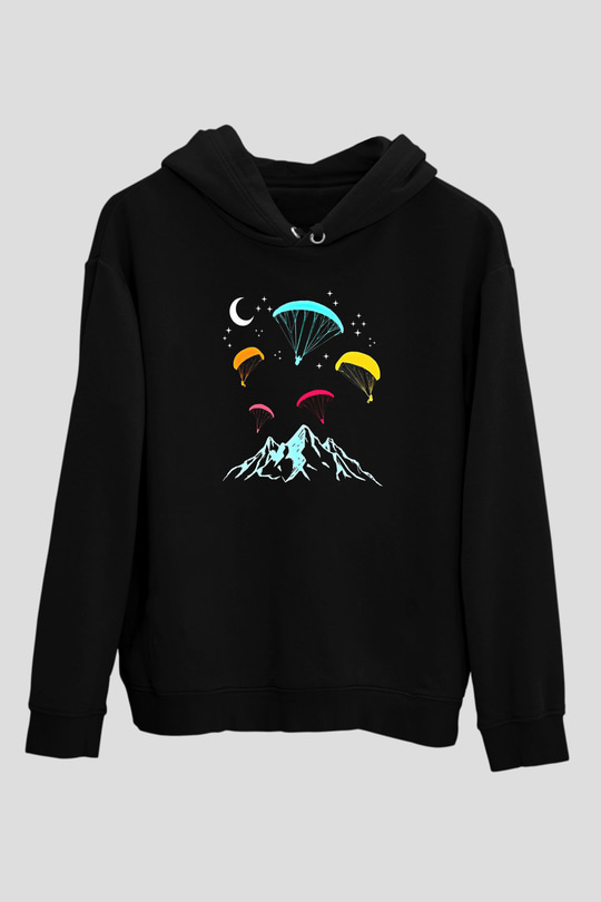 Yamaç Paraşütü - Paragliding Baskılı Unisex Siyah Kapüşonlu Sweatshirt
